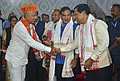 Dibrugarh: Assam Chief Minister Himanta Biswa Sarma, Union Minister Sarbananda Sonowal welcome former Congress leader Pranab Baruah, former APCC general secretary Birinchi Neog, senior leaders Mahesh Moran and Thomas Baruah who joined BJP, in Dibrugarh, Tuesday, March 26, 2024. (PTI Photo) (PTI03_26_2024_000270B)